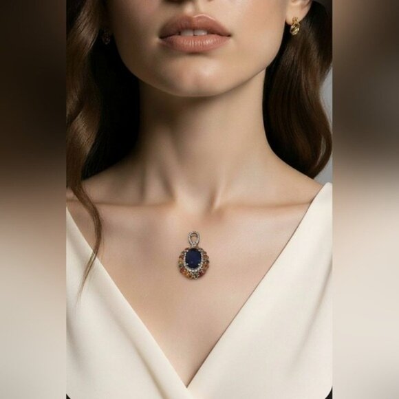 925 Sterling Silver Large Pendant with Blue Sapphire & Multicolor Sapphire Gems - Picture 3 of 12